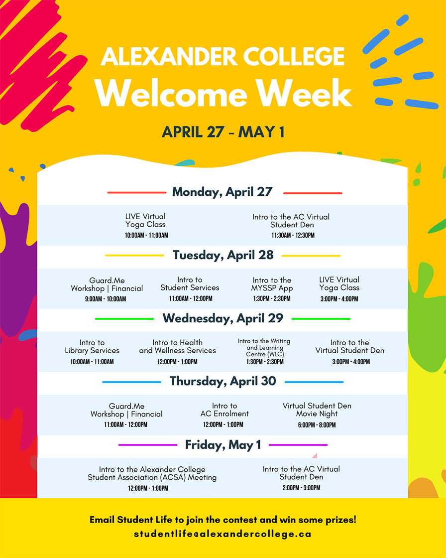 Alexander College spring 2020 Welcome Week schedule 