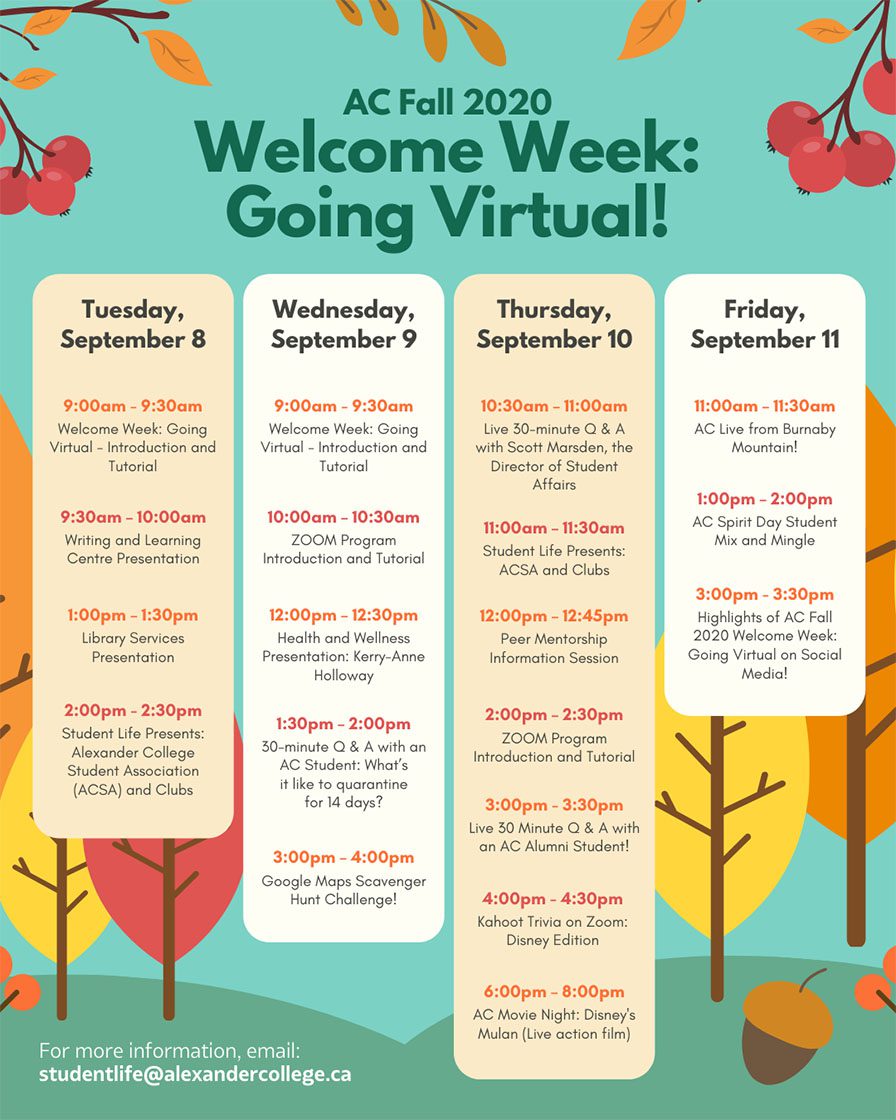 Alexander College Fall 2020 Welcome Week schedule 