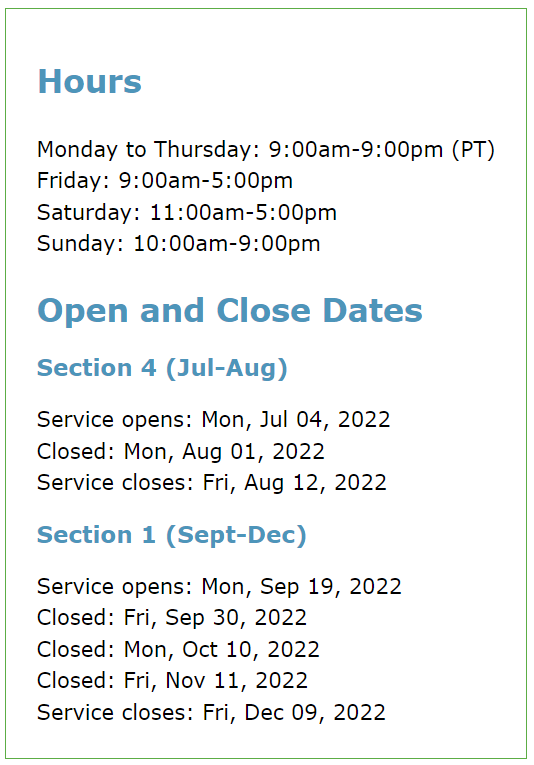 picture displaying AskAway hours and closing/opening dates